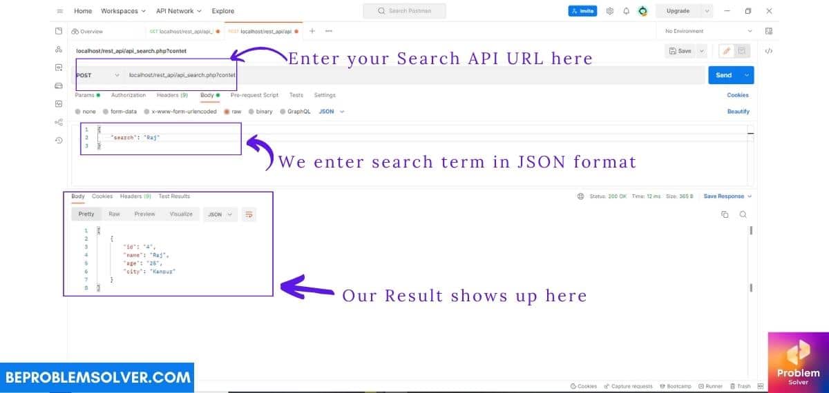 Steps to test Search api file development in build an api process with PHP and JSON