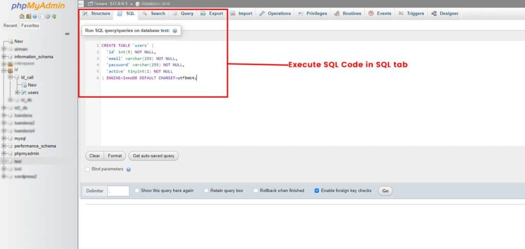Create table in database by running SQL code